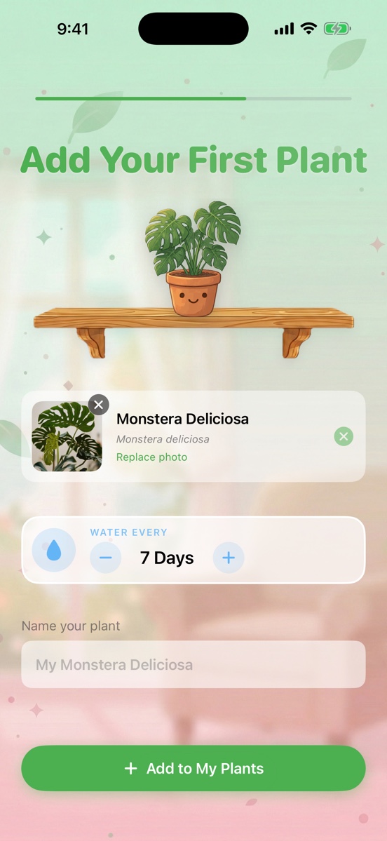 Hari identifying a houseplant from a photo and showing the matched species with its care schedule