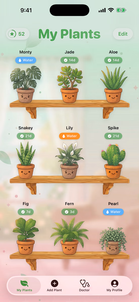Hari My Plants home screen with cute plants sitting on wooden shelves