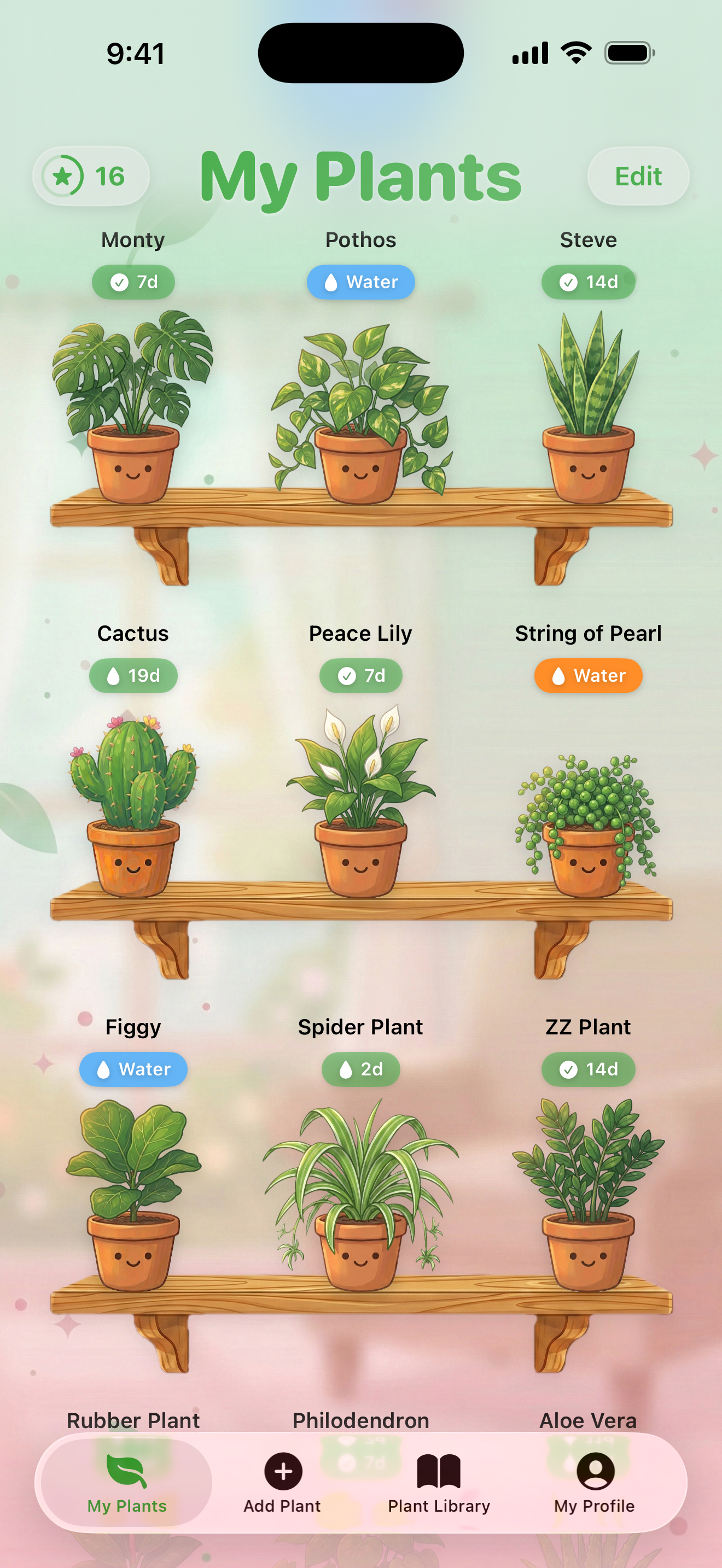 Hari plant care app showing wooden shelves with cute plant illustrations