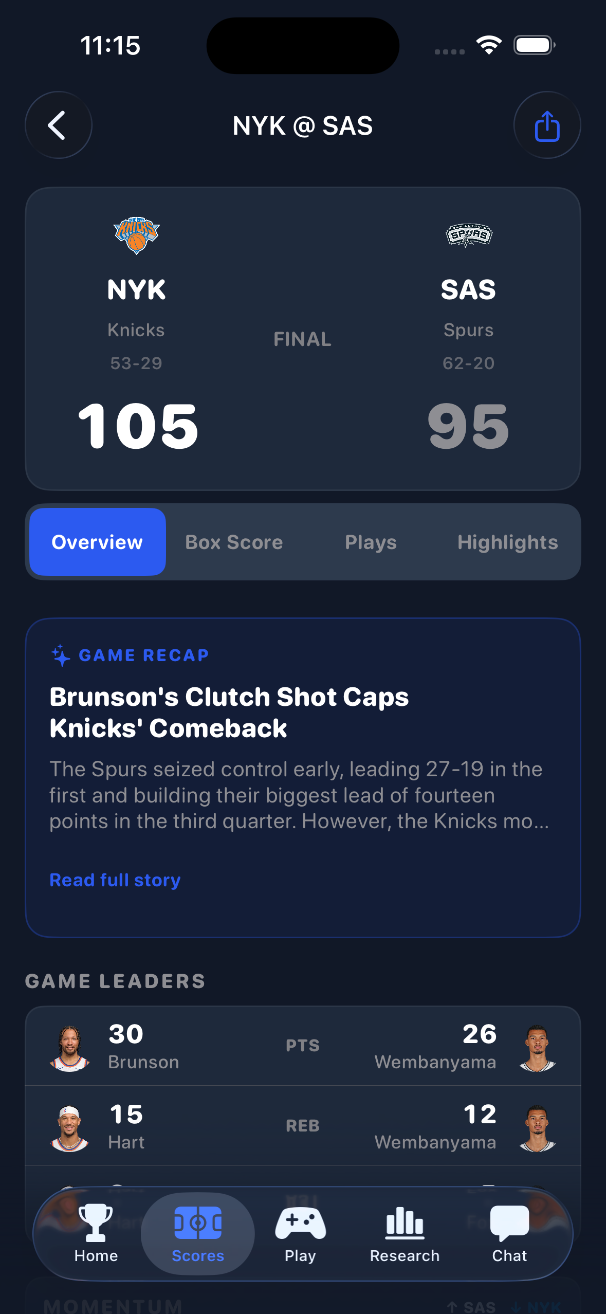 SplashCenter AI game recap with game leaders and a narrative summary