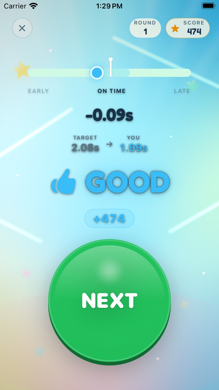 Stop the Timer result screen showing GOOD plus 474 points after stopping 0.09 seconds early