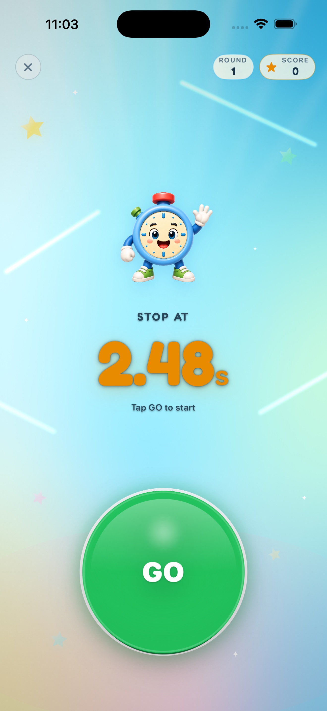 Stop the Timer easy round with a visible timer target and large GO button